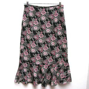 Sag Harbor Skirt Black Floral Print Silky Polyester Peplum Hem Size 14